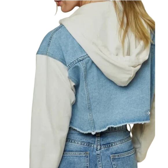 Blue Blush Detachable Hoodie Crop Contrast Cream Sleeves Denim Jacket Sz Small - Picture 5 of 10